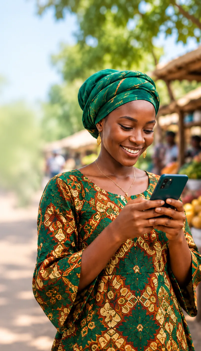 A woman in a green headwrap smiling at her phone at a market stall